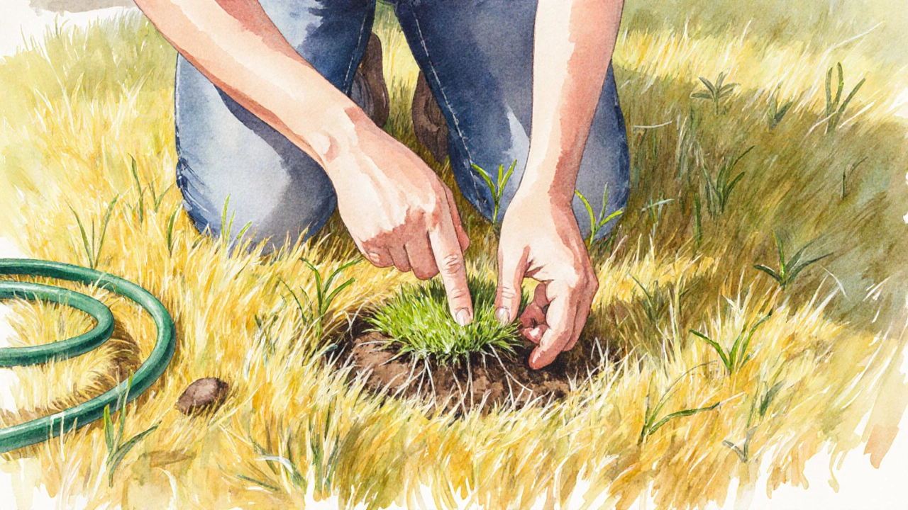 Человек проверяет влажность и корни травы, видна желтизна и сорняки.