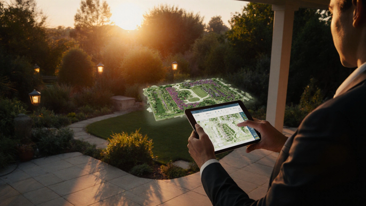 Дизайнер демонстрирует AR‑модель сада на фоне реального двора в сумерках.