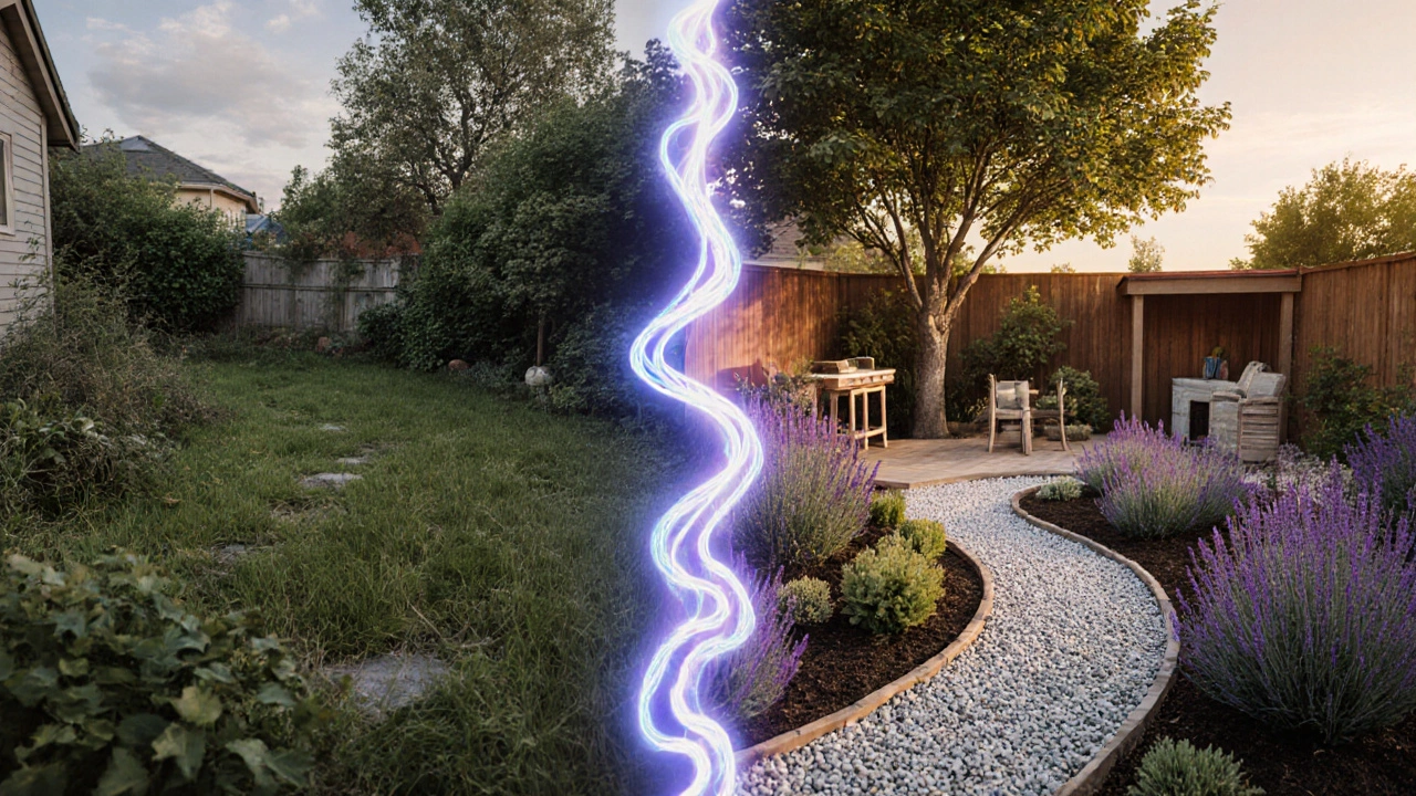 Два мира: дикий сад слева и ухоженный ландшафт справа, соединённые схемой планирования.