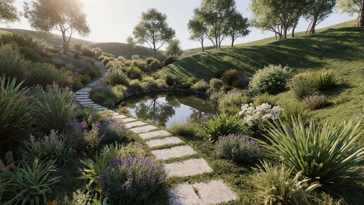 Фотореалистичный 3D-вид сада с деревьями, дорожками и прудом.