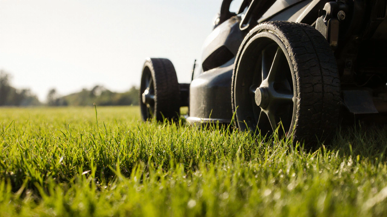 Газонокосилка стрижет траву, оставляя ровную высоту.