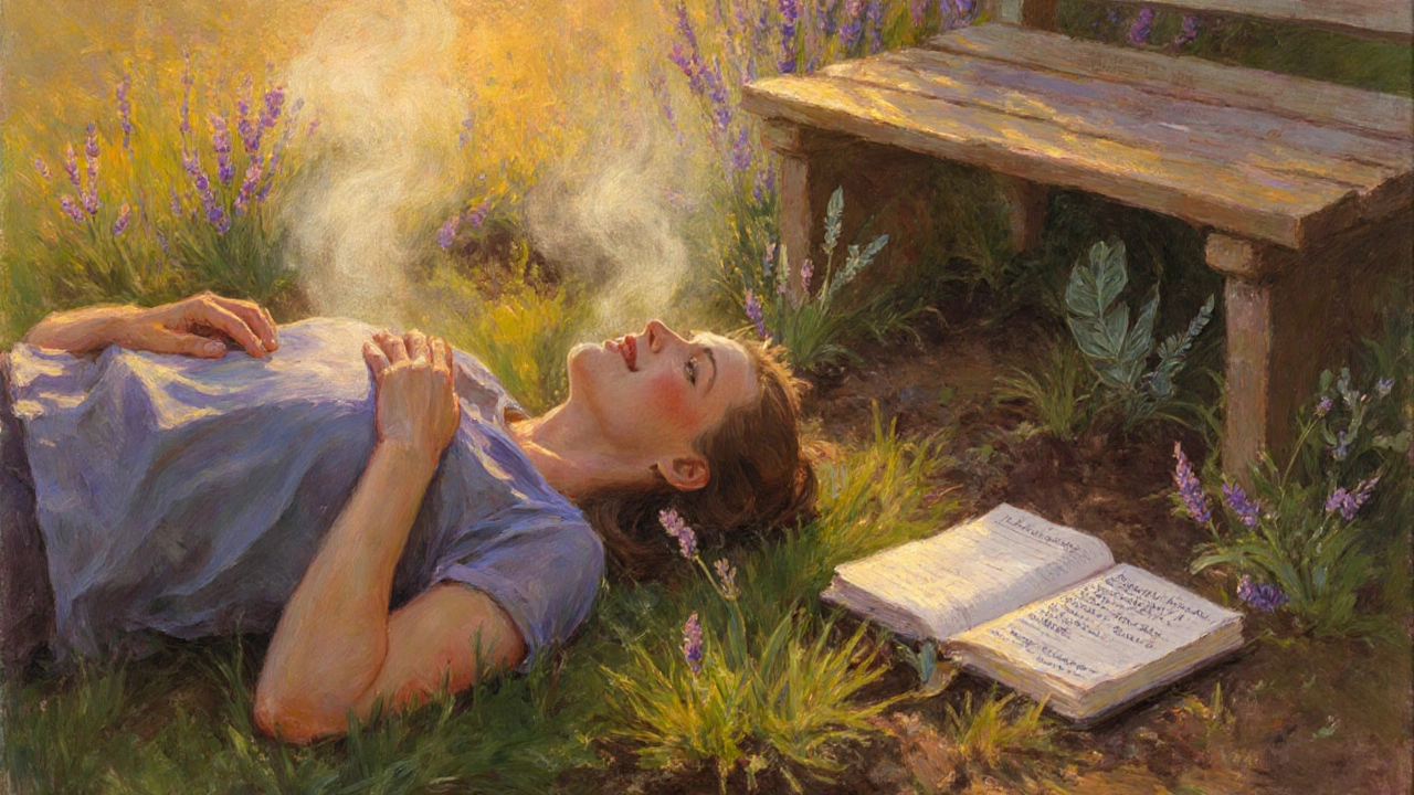 Клиент практикует земную медитацию, лежа на траве среди ароматных трав, пишет в дневнике.