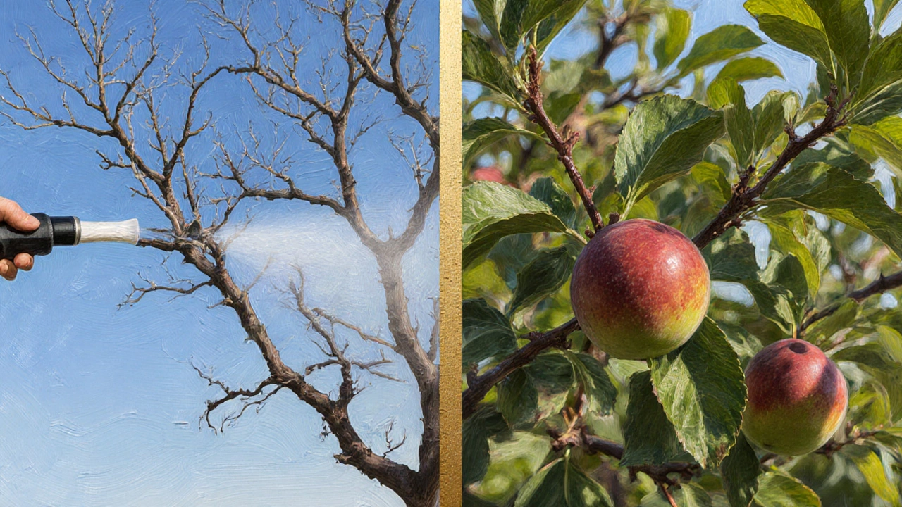 Контраст: здоровое дерево до опрыскивания и повреждённое после поздней обработки.