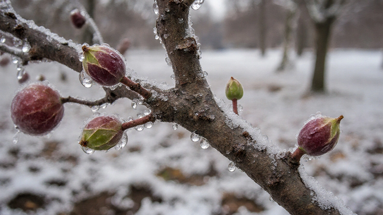 Крупный план спящих почек фруктового дерева с каплями раствора на коре.