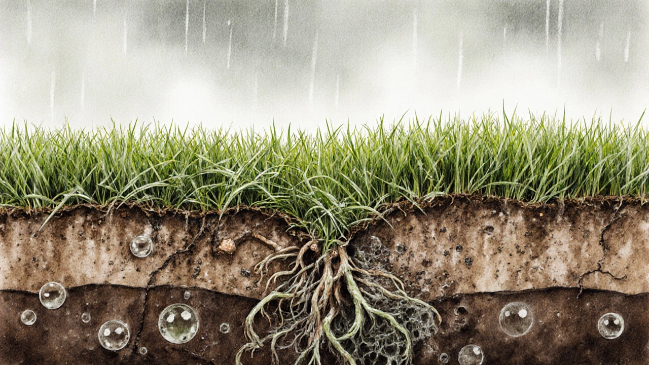 Разрез газона: мокрая трава сверху, гниющие корни и грибки внутри почвы.