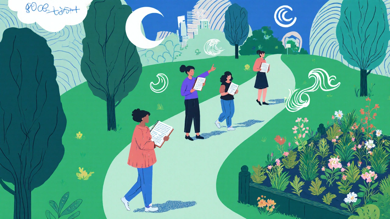 Ретрит в парке: участники гуляют, записывают наблюдения в экологический дневник, ощущая успокоение.