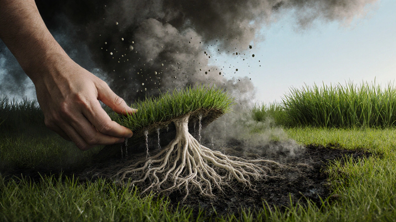 Рука поднимает траву, обнажая задыхающиеся корни под слоем гнили и спор.