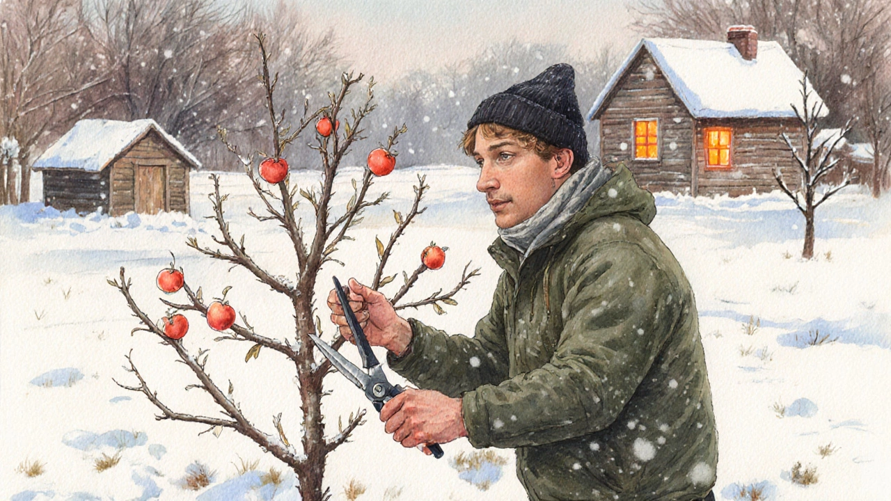 Садовник обрезает одну яблоню зимой, снег на земле, за окном дом