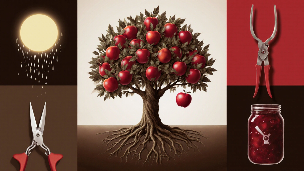 Символическая яблоня с корнями-часами и падающим яблоком, с элементами ухода и сохранения урожая