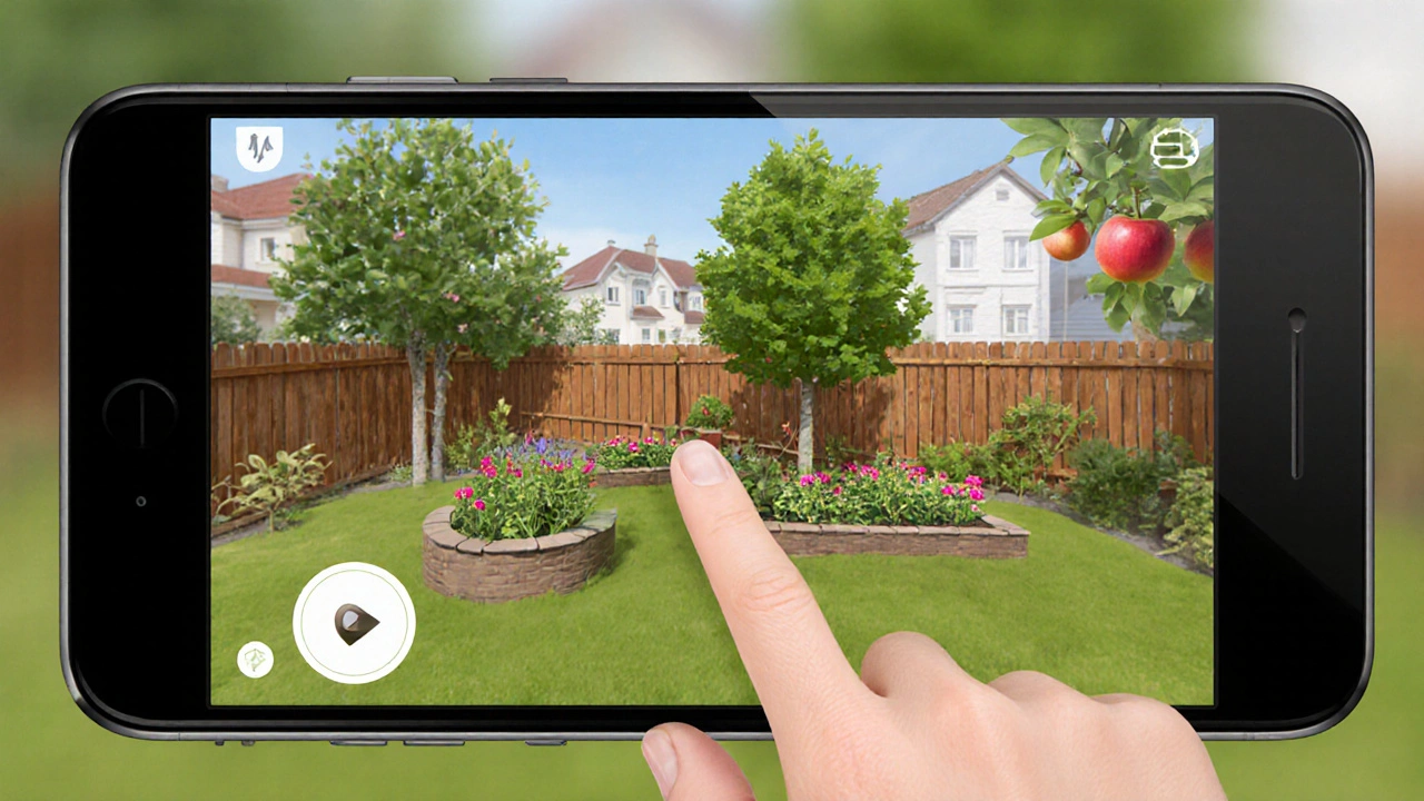 Смартфон показывает приложение для дизайна сада, накладывающее растения на фото двора.