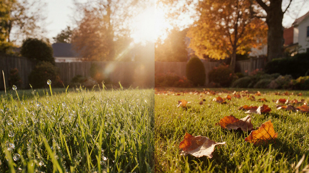 Сравнение газона весной (коротко) и осенью (длиннее).
