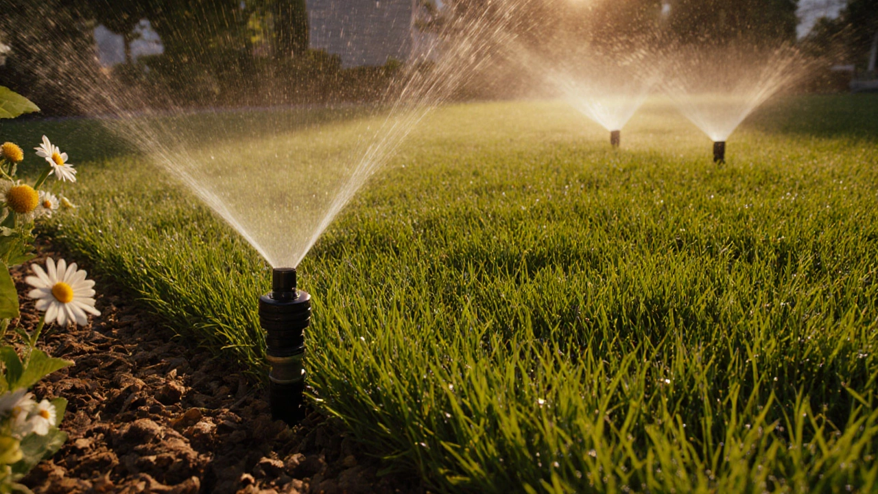 Здоровый зеленый газон с работающей системой полива и мульчой.