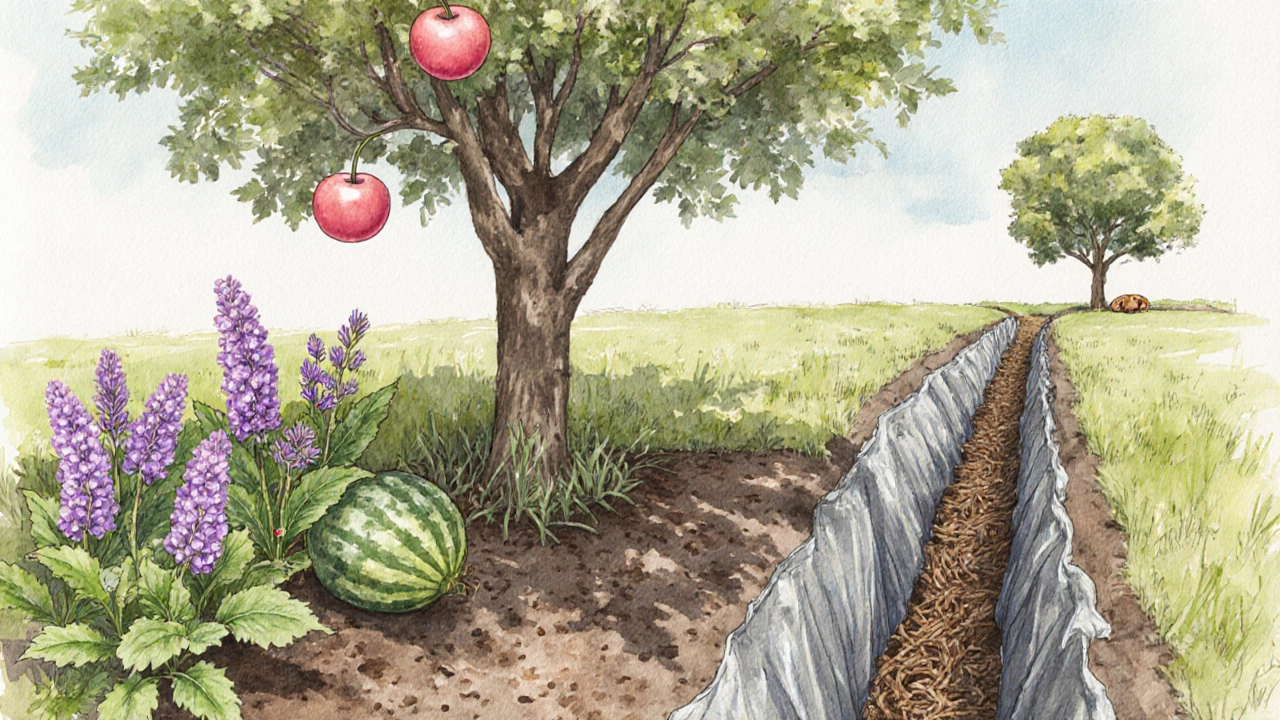 Черешня с мелисой, бораго и мульчей из листьев арбуза, траншея блокирует корни ореха.