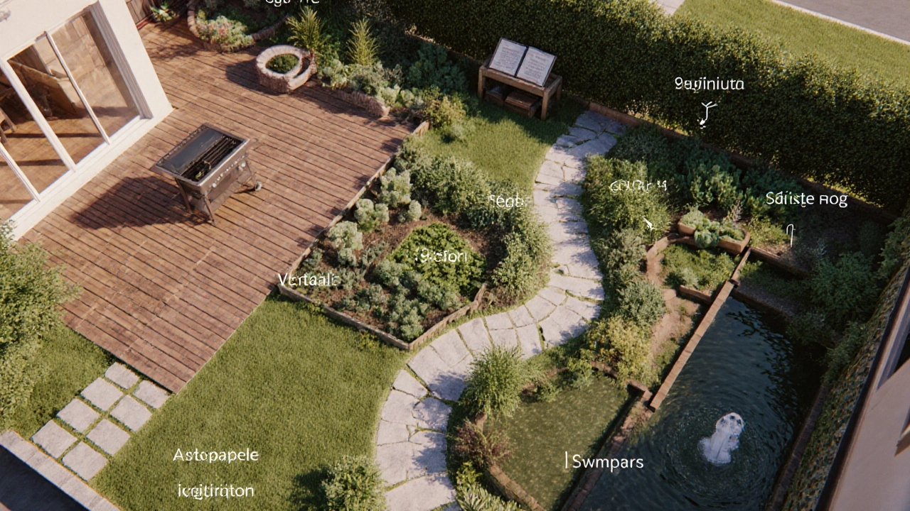 Детальный план сада с зонами отдыха, огорода, дорожек и водного элемента в теплых тонах.