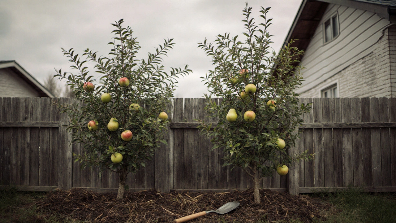 Карликовые яблоня и груша растут вдоль забора на маленьком дачном участке, обе с плодами.