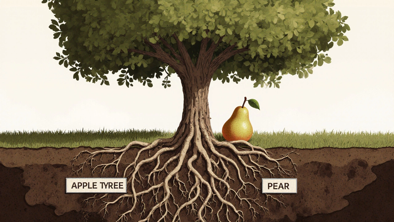 Корневые системы яблони и груши переплетаются в земле, конкурируя за воду и питательные вещества.