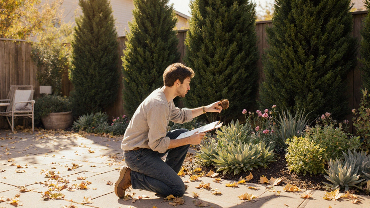 Ландшафтный дизайнер анализирует почву и ветер на участке, защищённом живой изгородью из туи и ели.