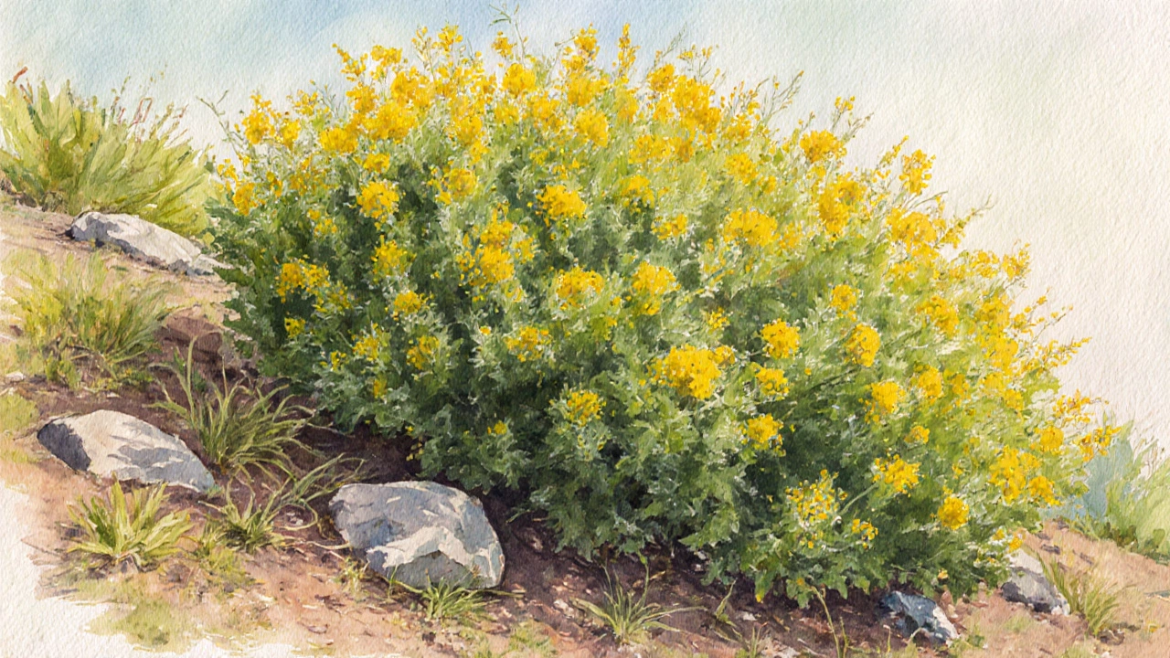 Лапчатка покрывает склон ярко-желтыми цветами, растет на бедной почве без ухода.