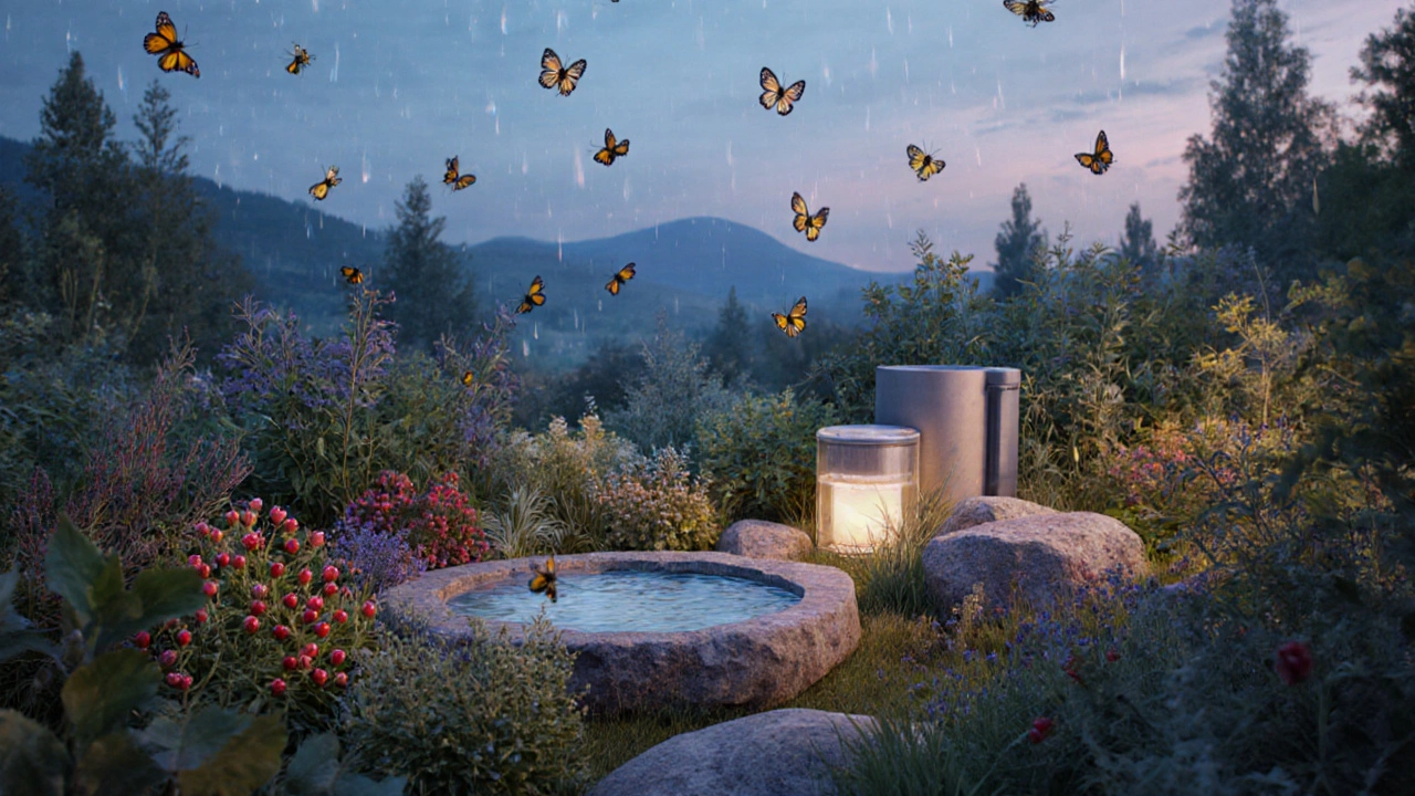 Многофункциональный сад 2025 года с edible растениями, привлекающими пчёл, и системой фильтрации дождевой воды.