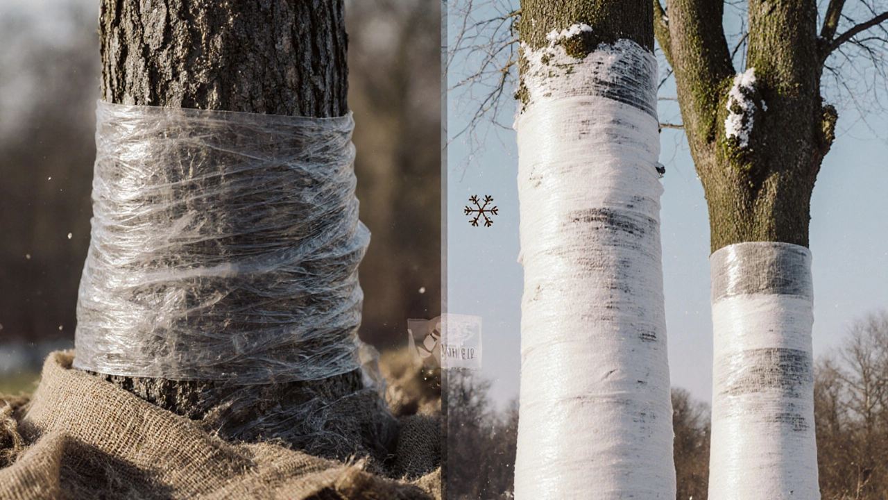 Повреждённое дерево рядом с защищённым — последствия неправильной и правильной обмотки.