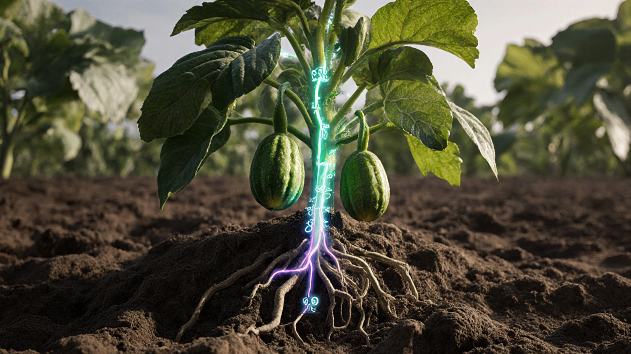 Разделённое изображение: здоровый огурец с питательными потоками и увядающий без удобрений.