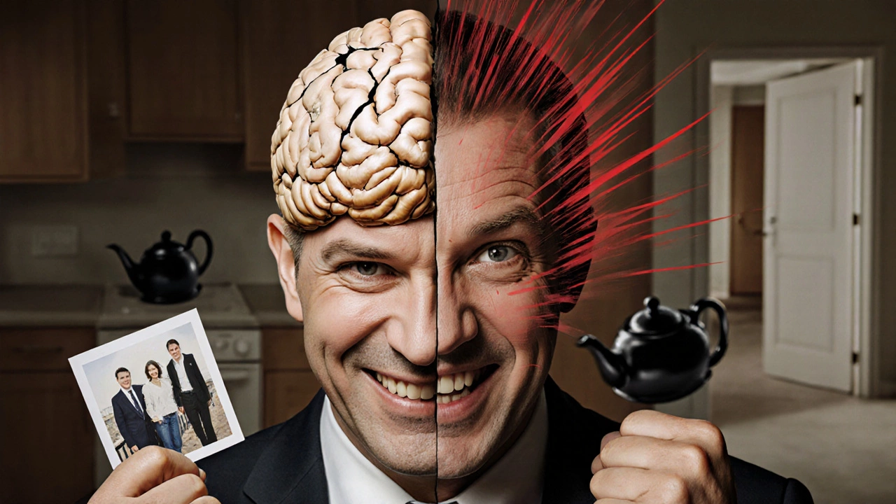 Разрушенный мозг на фоне двух лиц: спокойного и агрессивного, символизирующий изменения личности после травмы.