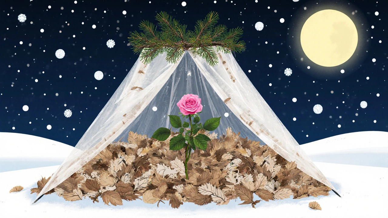 Роза под укрытием из сухих листьев и хвои, на фоне легкого снега и лунного света.