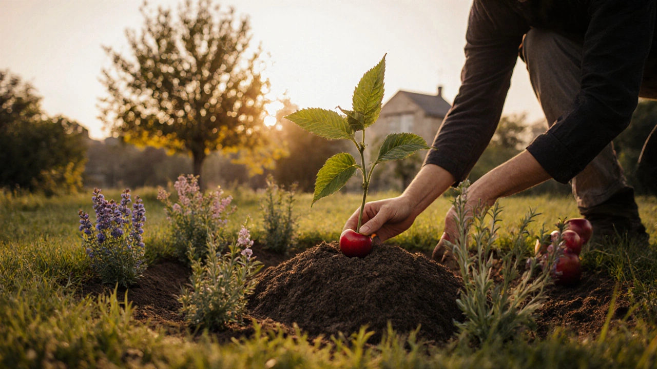 Рука сажает саженец черешни на холмике, вокруг — бобовые, розмарин и бораго, вдали — здоровые соседи.