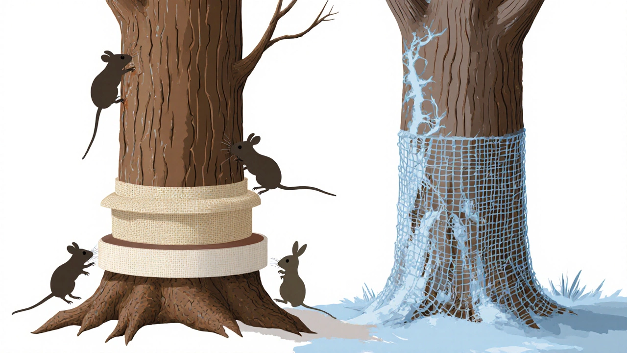 Схема защиты дерева: ткань, спанбонд и сетка против грызунов и мороза.