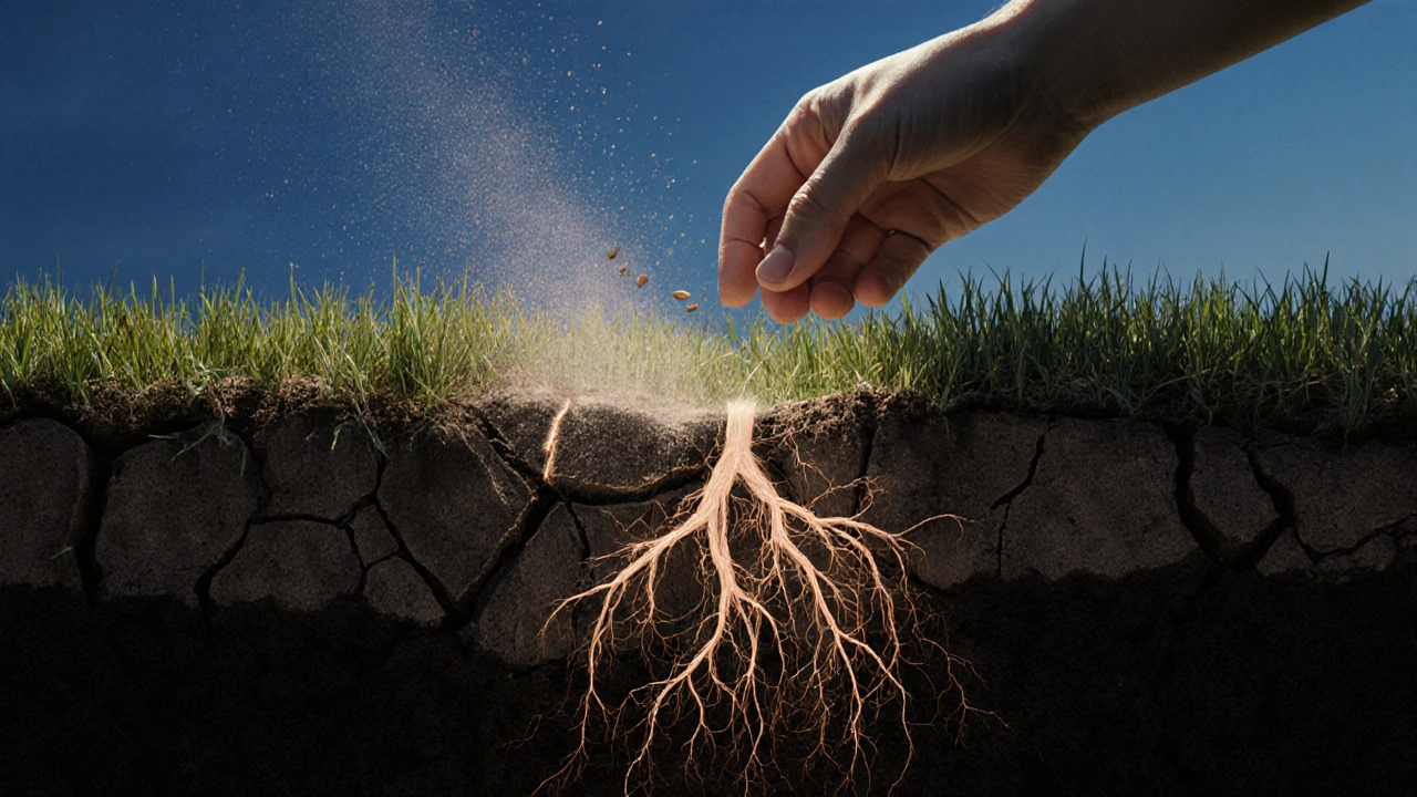 Символическое изображение возрождения газона: старые корни исчезают, новые прорастают в богатой земле.