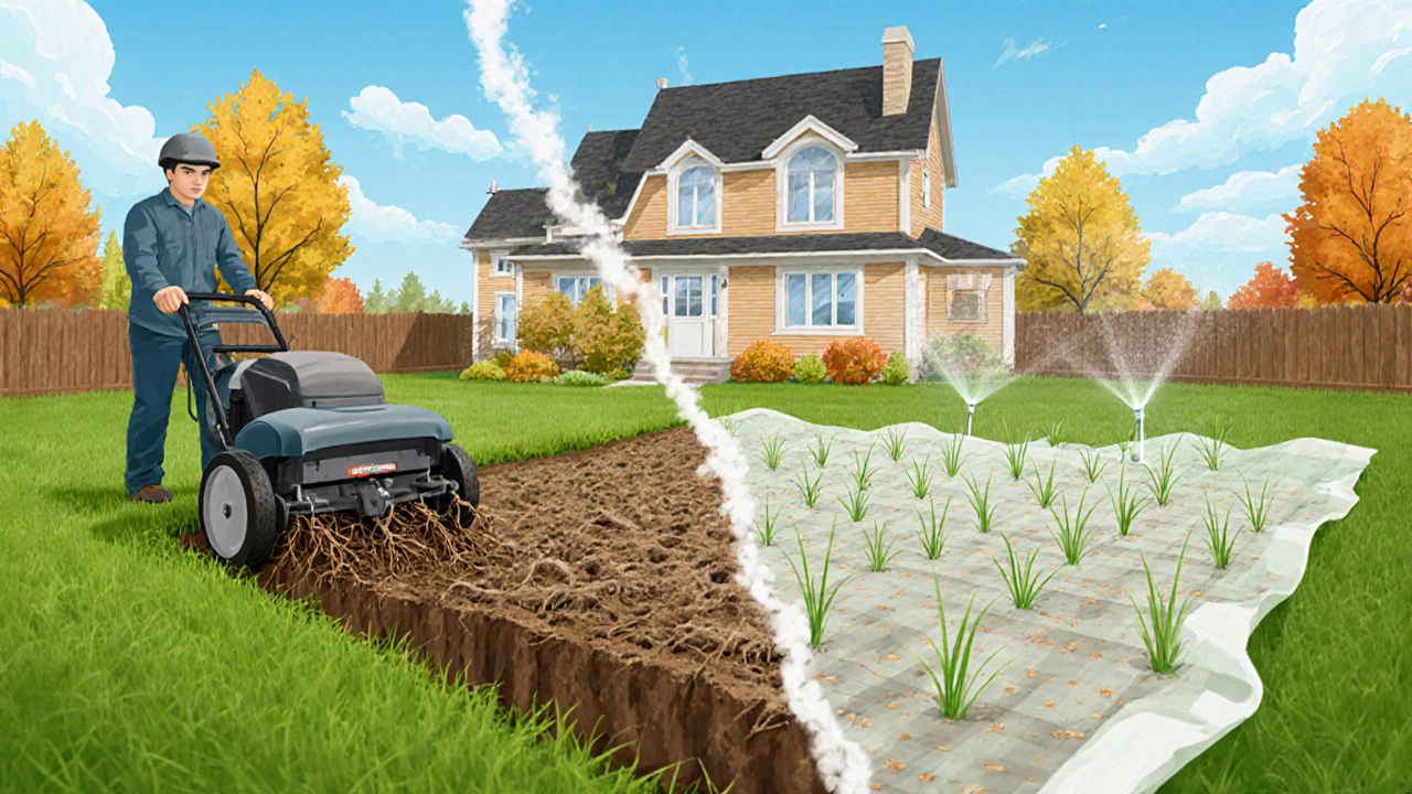 Сравнение: удаление старой дернины и посев нового газона на подготовленной почве.