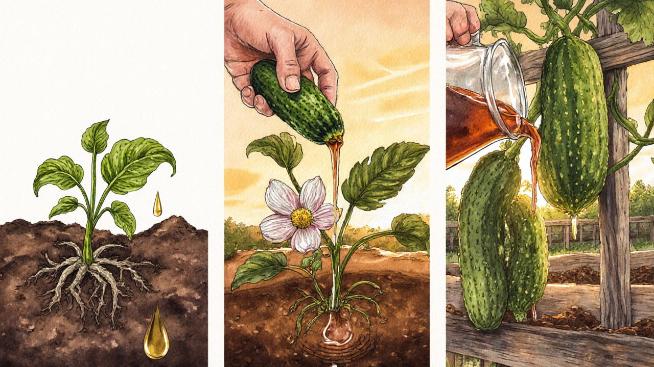 Три этапа подкормки огурцов: всходы, цветение и плодоношение, с удобрениями в почве.