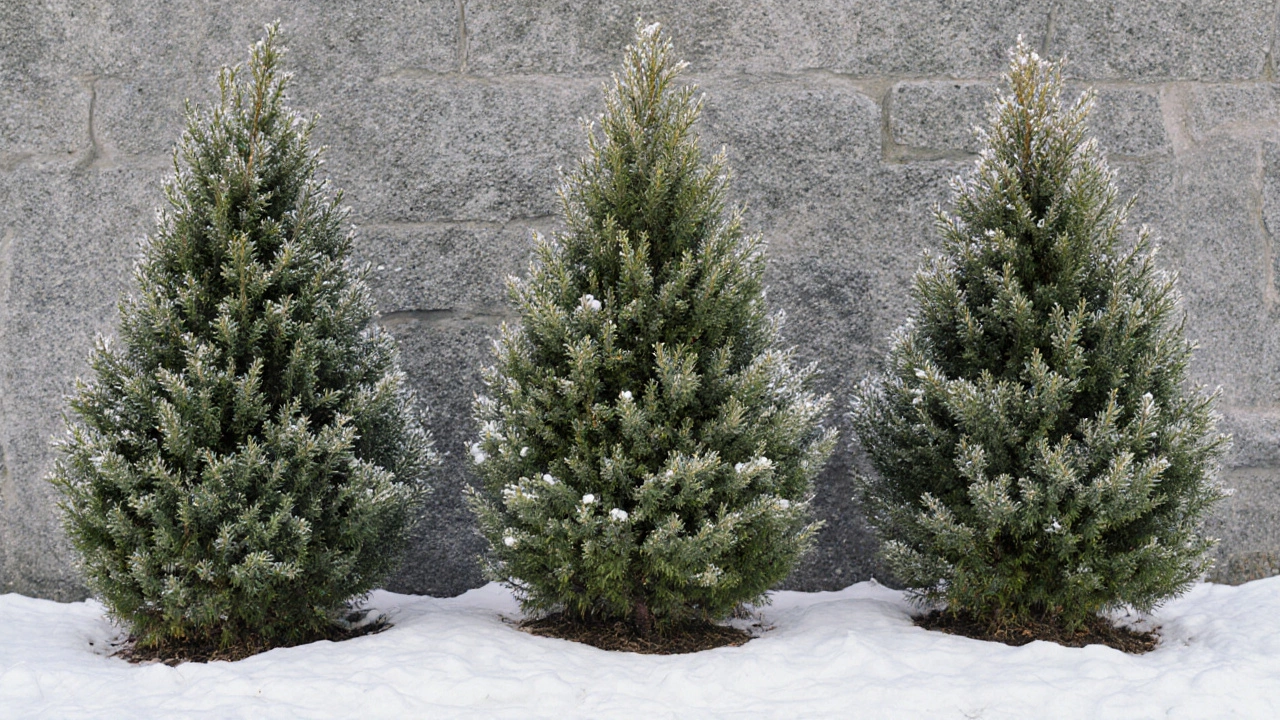 Три туи западные растут в ряд, формируя зеленую стену под легким снегом.