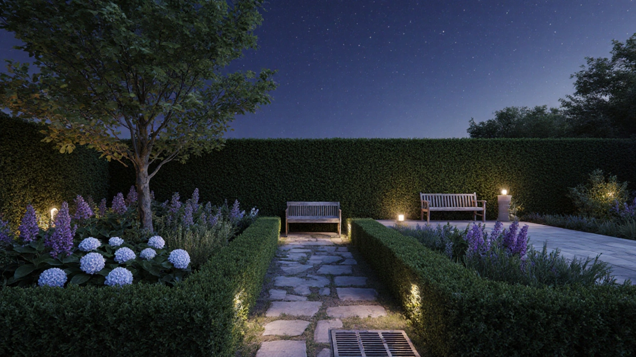 Зрелый сад вечером: светящиеся дорожки, цветущие кусты, деревянная скамейка и живая изгородь.
