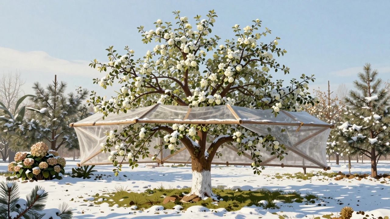 Яблоня с обмотанным мешковиной стволом и побелкой в зимнем саду Калуги.