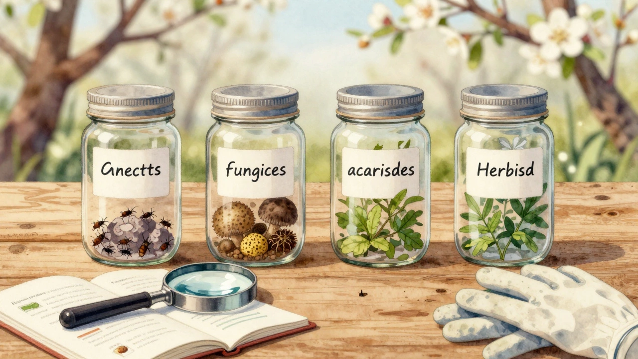 Четыре банки с символами средств защиты растений: насекомые, грибки, клещи и сорняки.