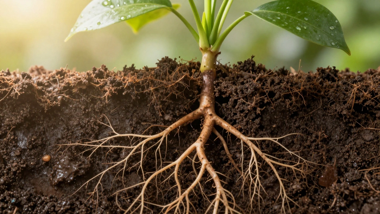 Корни растения в гниющей влажной почве, рядом — здоровые листья на солнце.