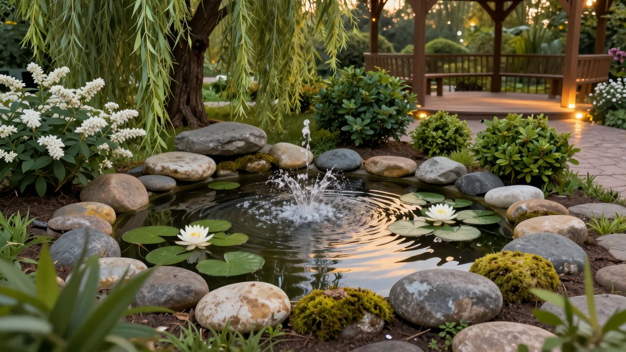 Небольшой пруд с кувшинками и фонтаном в саду, отражающий закат, рядом — беседка и кустарники.