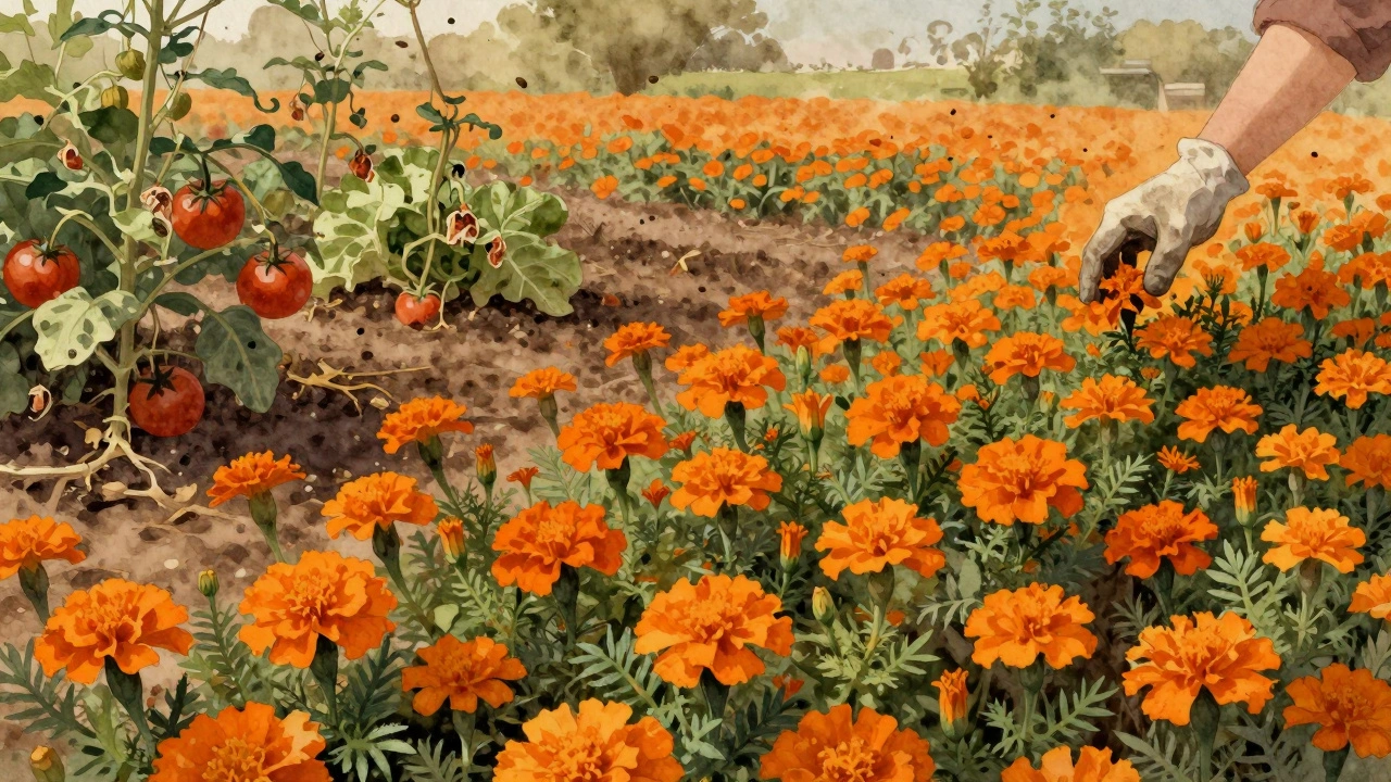 Оранжевые календулы заполонили клумбу и распространяются на огород, привлекая тлю.