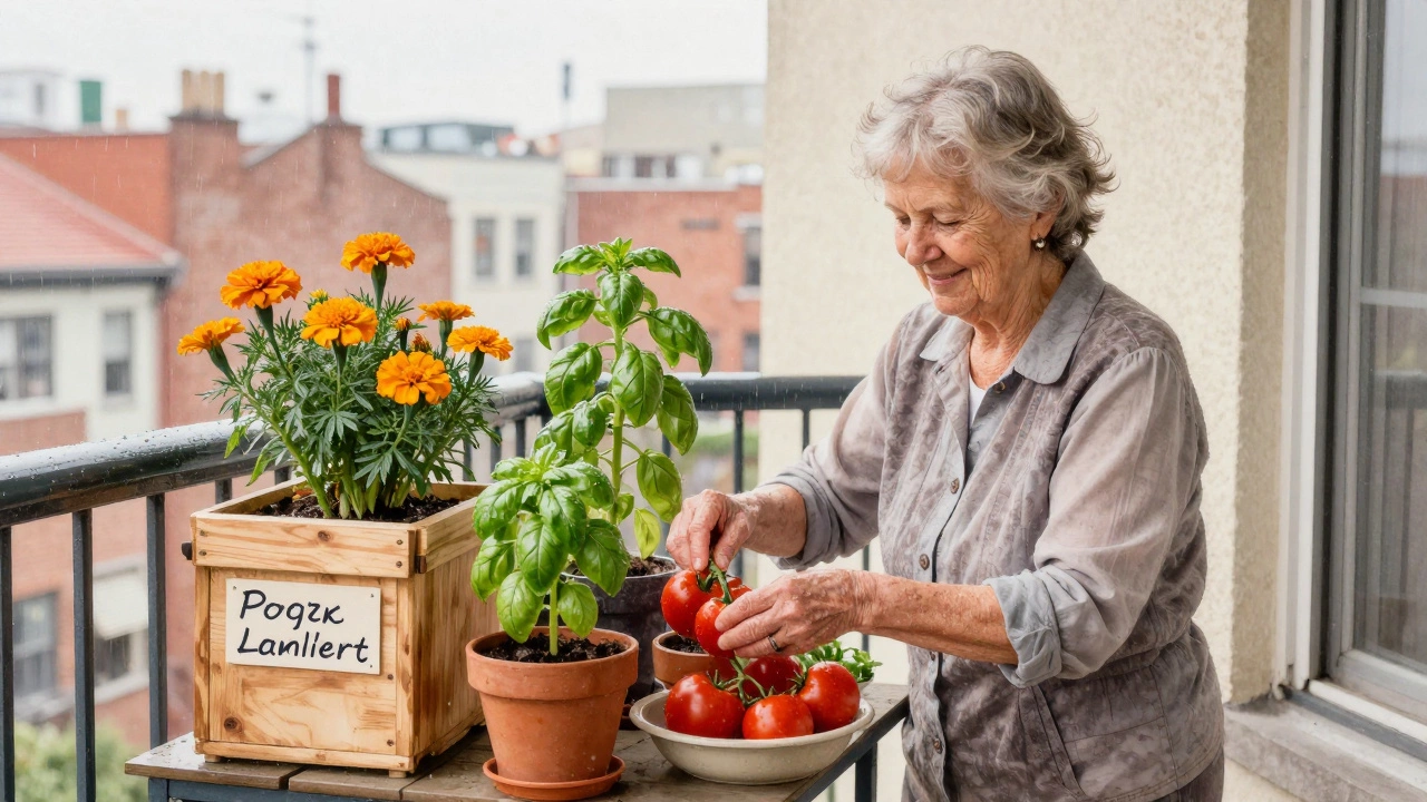 Пожилая женщина ухаживает за горшечными растениями на балконе, рядом — компост и этикетки на ящиках.