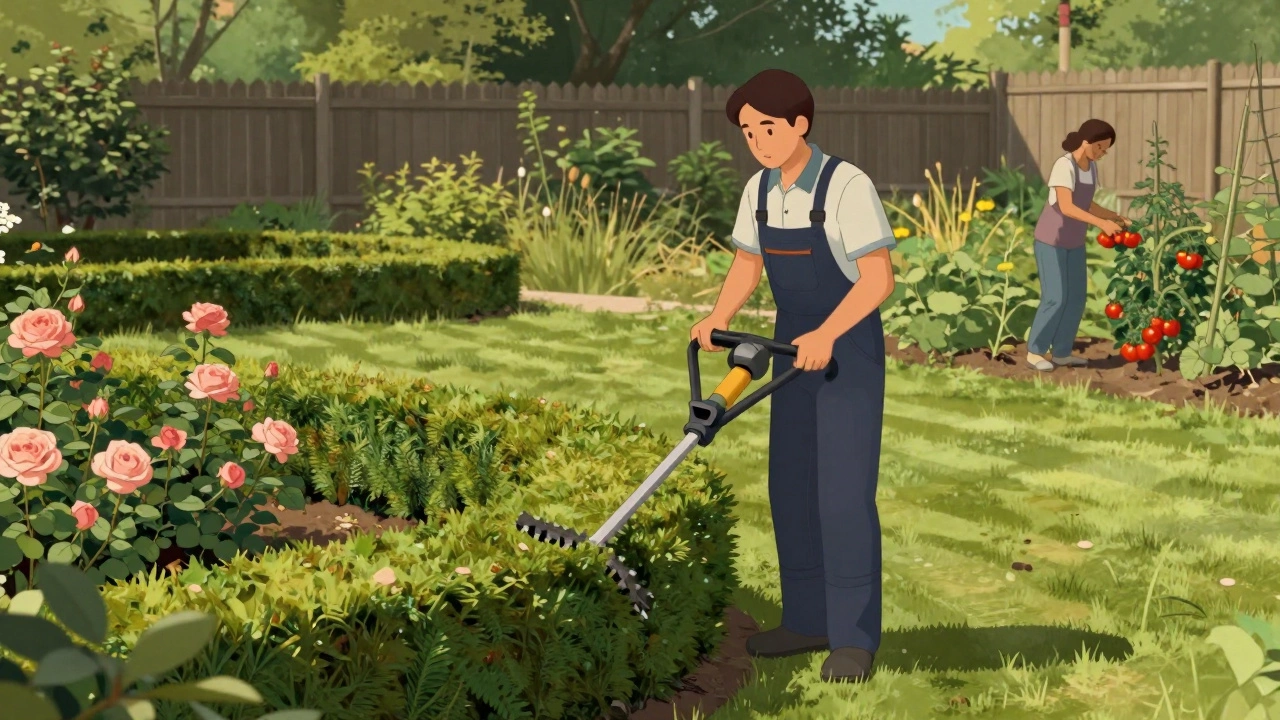Профессиональный садовник подстригает живую изгородь в парке, рядом — ухоженный газон и розы.