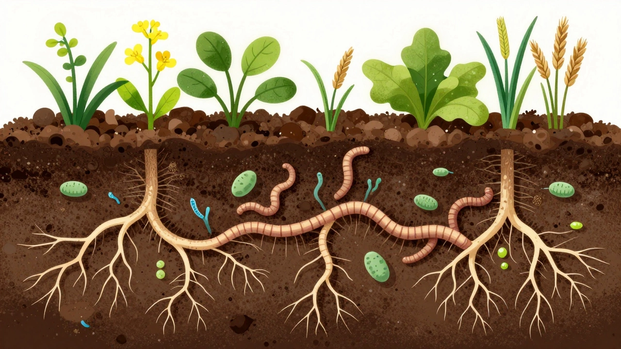 Разрез живой органической почвы с червями, грибами и корнями, где видна связь между растениями и микробами в земле.