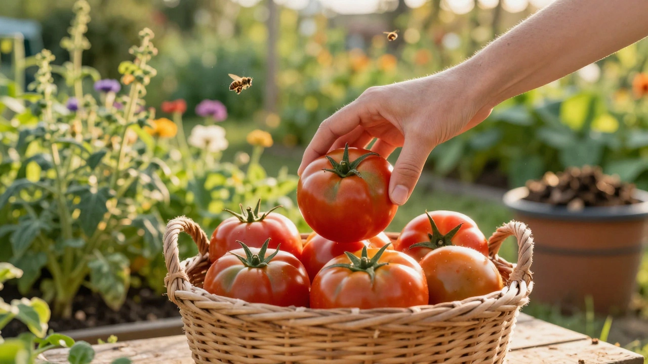 Рука кладёт спелый органический помидор в плетёную корзину, на фоне цветущего сада без химии и упаковки.