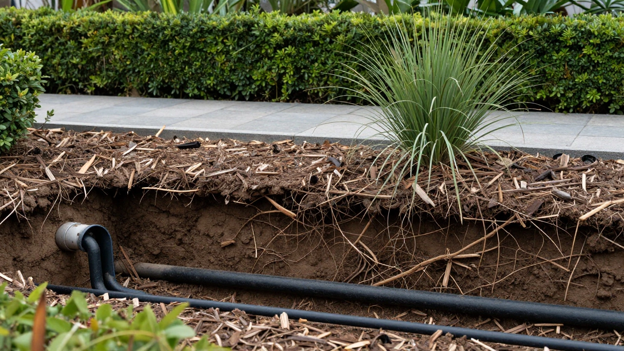 Схема подземных систем сада: дренаж, полив и проводка под мульчей и растениями.