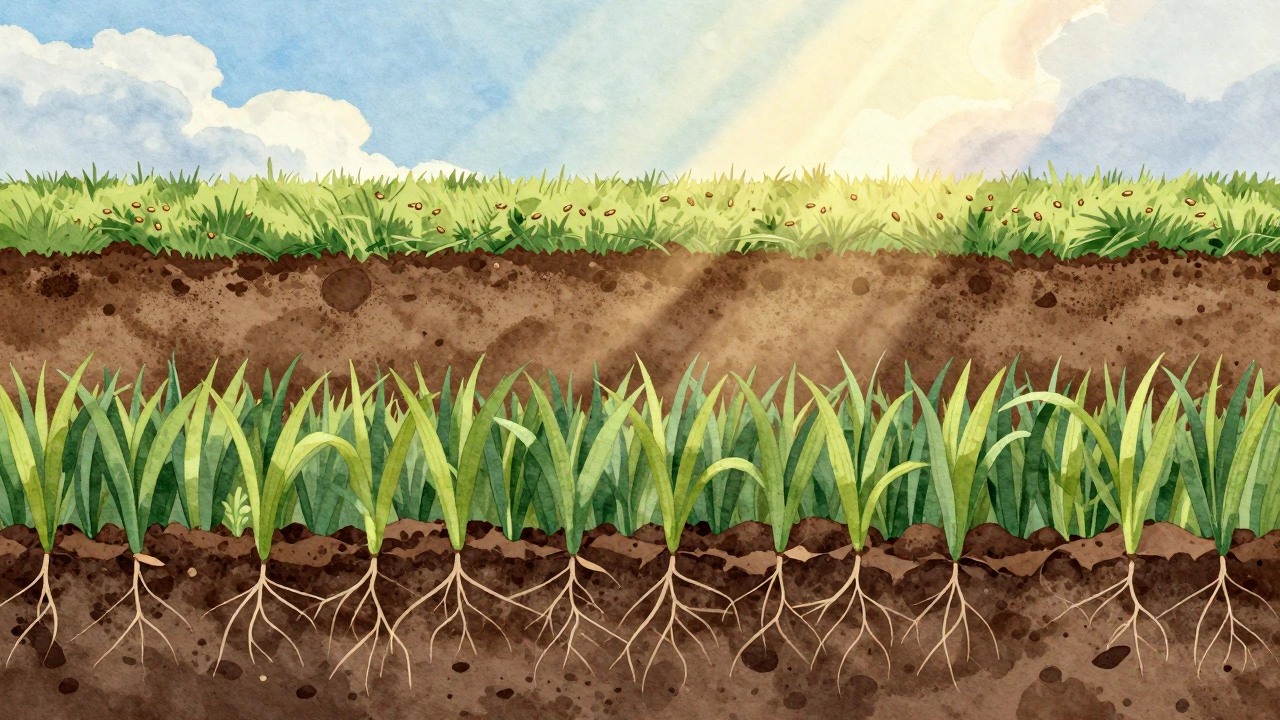 Слои омоложения газона: семена, компост и корни, рост новых всходов среди старой травы.