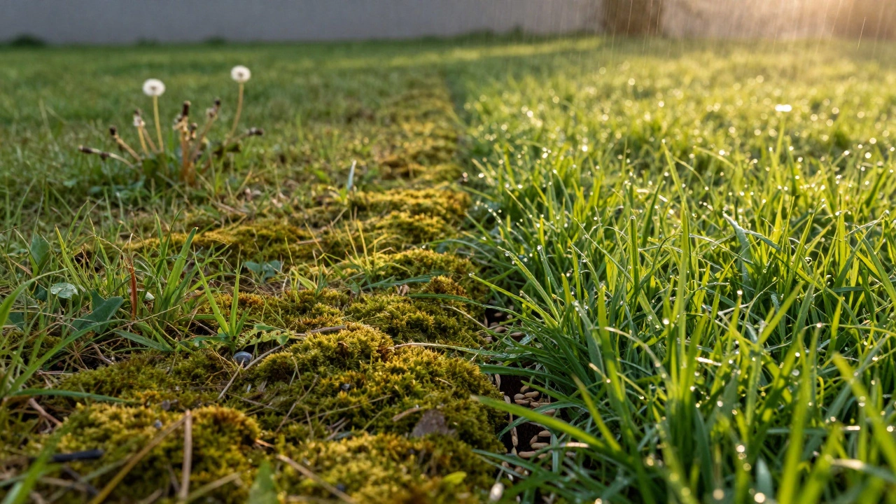 Сравнение старого редкого газона с новым густым зелёным лугом, разделённые линией аэрации.
