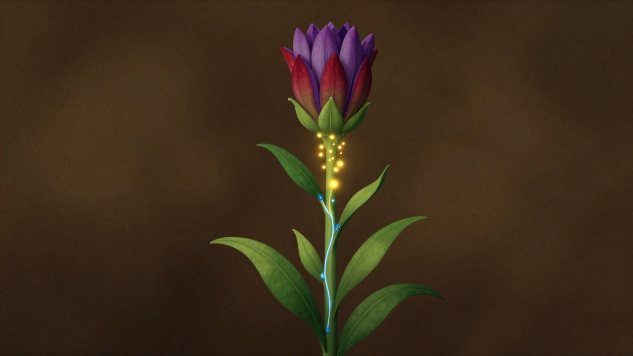 Стилизованное изображение цветка, в котором фосфор и калий в виде светящихся частиц питают бутоны.