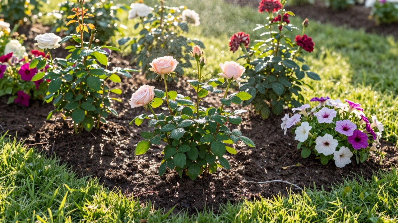 Утренний полив цветов: солнечный свет высушивает листья, вода впитывается в почву.