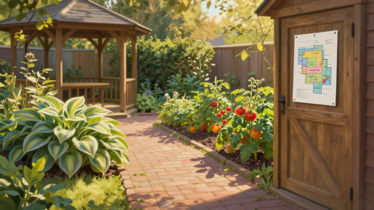 Уютный сад с дорожкой, беседкой, хостами в тени и помидорами на солнце, план на двери сарая.