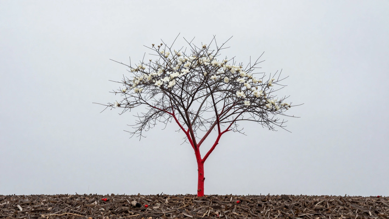 Зимняя ветка дерена с ярко-красными стеблями на снегу, без следов ухода, только естественная красота.